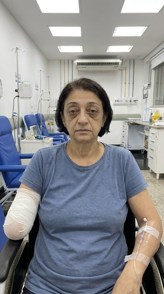 Cláudia no hospital, com o braço enfaixado e acesso de soro