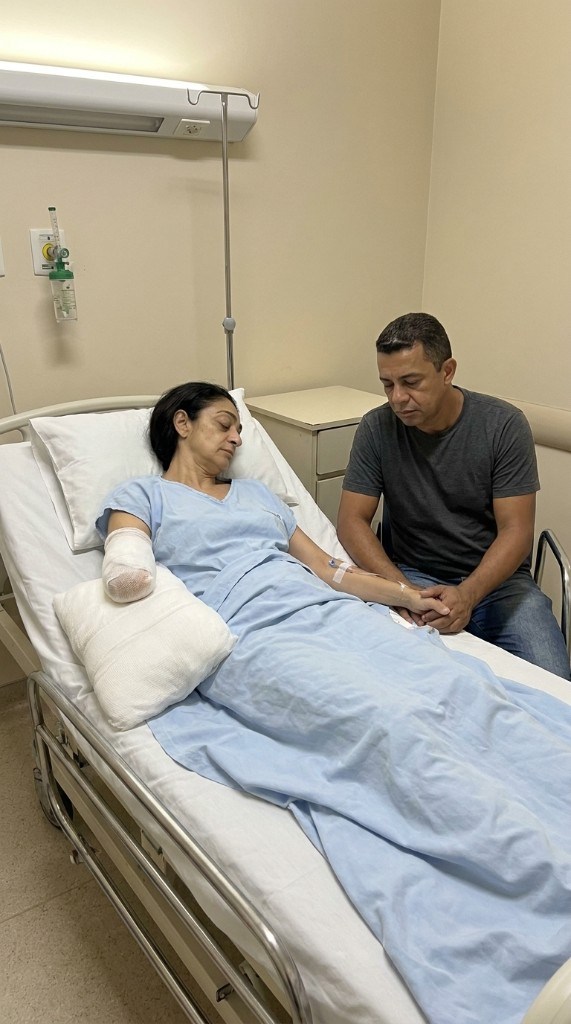 Fernando ao lado de Cláudia, segurando a mão dela no leito do hospital